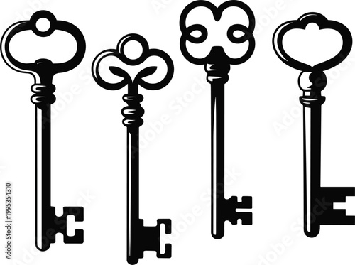 Vintage skeleton keys set in black silhouette style representing security access and antique design