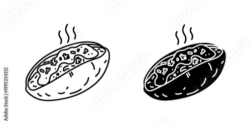 Freshly baked pie in black and white outline and glyph icon set isolated vector illustration warm meal on cold day symbol hot dish graphic elements.