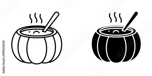 Hearty soup in pumpkin bowl black and white outline and glyph icon set isolated vector illustration warm meal on cold day graphic elements.