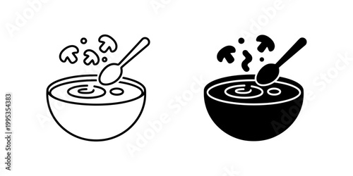 Creamy mushroom soup in bowl black and white outline and glyph icon set isolated vector illustration warm meal with spoon graphic elements.