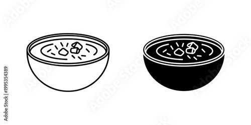 Spicy chili in bowl black and white outline and glyph icon set isolated vector illustration warm meal on cold day comfort food graphic elements.