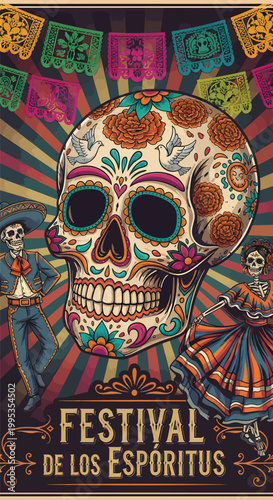 Dia de los muertos festival poster with sugar skull, skeletons, and papel picado