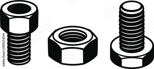 Collection of screw bolts and hex nuts showing mechanical fastening components in simple graphic style