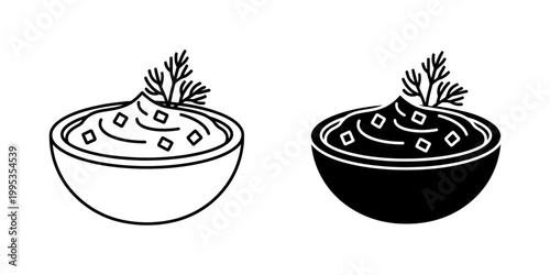 Line art and solid black silhouette of bowl of guacamole topped with onion and dill garnish, creamy avocado dip vector.