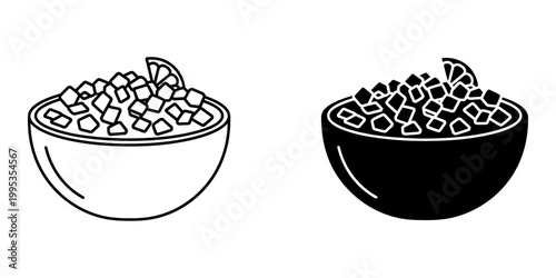 Line art and solid black silhouette of bowl of pico de gallo with lime wedge, fresh salsa dip vector icon.