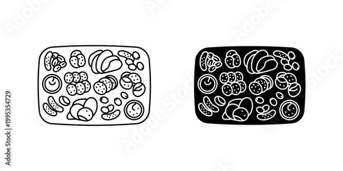 Tapas tray icon set featuring assorted appetizers like pickles salami and bread slices on a platter in line and solid black styles for restaurant menu design snack selection illustration vector.