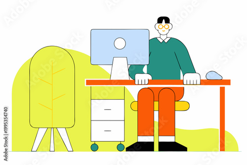 Flat design illustration of a modern workspace with computer