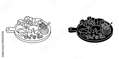 Cheese board icon set with grapes honey nuts and various cheese types on wooden paddle board in isometric line and glyph styles for wine pairing and gourmet food menu design illustrations vector.