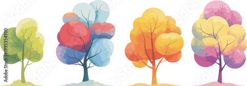 Artistic watercolor style trees in vibrant seasonal colors illustrating nature and changing foliage