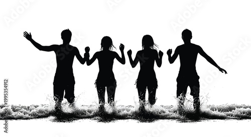 Dynamic vector illustration captures four joyful human silhouettes, two men and two women, enthusiastically running and splashing through water with arms raised. This compelling graphic design powerfu