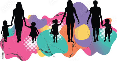 Parents and kids in black silhouette walking together on vibrant background representing love and togetherness