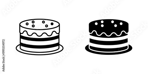 Whole cake icons in outline and solid black showing layered dessert with decorative top and side frosting perfect for confectionary websites and baking advertisements.