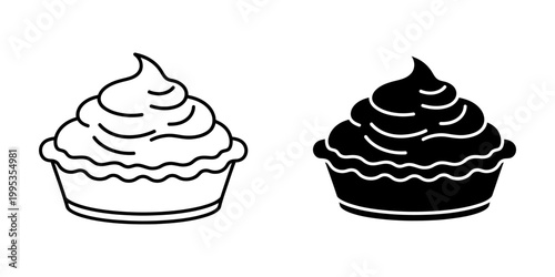 Pie icons in outline and solid black showcasing creamy filling and fluted crust ideal for bakery menus and dessert recipe websites for delicious homemade treats.