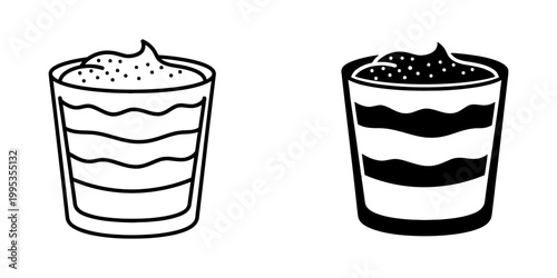 Vector set of tiramisu glass dessert icons with cocoa powder and cream layers line and silhouette style graphic for italian restaurant menu decoration and sweet food industry design branding.