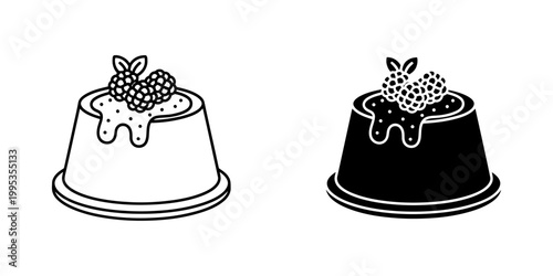 Vector set of italian panna cotta dessert icons with berry sauce and fresh raspberries line and silhouette style graphic for confectionery menu decoration and sweet food industry design branding.