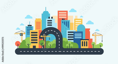 City Skyline with Road and Buildings.