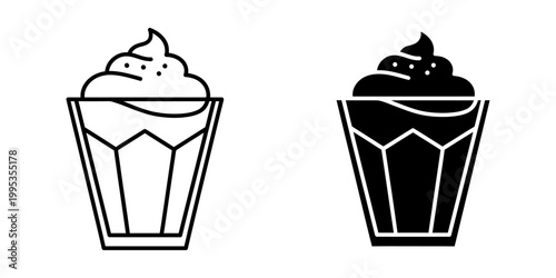Vector set of whipped cream dessert icons with sprinkles in glass line and silhouette style graphic for milkshake and frappe beverage menu decoration and sweet food industry design branding.