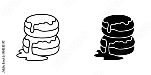 Vector set of pancake stack icons with maple syrup or chocolate sauce line and silhouette style graphic for breakfast cafe menu decoration and sweet american food industry design branding.