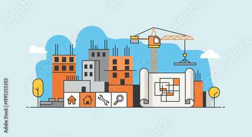 Construction Site With Crane And Buildings.