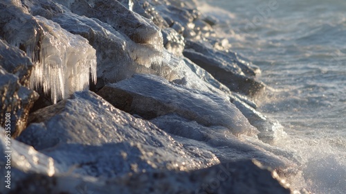Intricate ice formations sculpted by waves on coastal rocks, showcasing nature's frosty artistry.