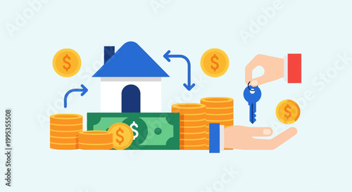 Hand holding house key with money.