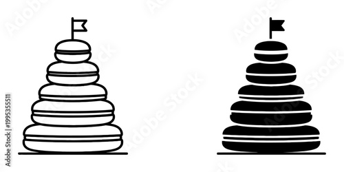 Macaron tower pyramid vector icon set showcasing French almond meringue cookies stacked in a display stand with flag decoration available in line and solid black styles for pastry shop branding.