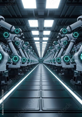 Robotic arms are arranged in long rows within a modern automated production facility.
