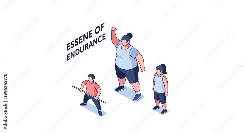 Fototapeta premium Isometric illustration of three people demonstrating strength and endurance with determination.
