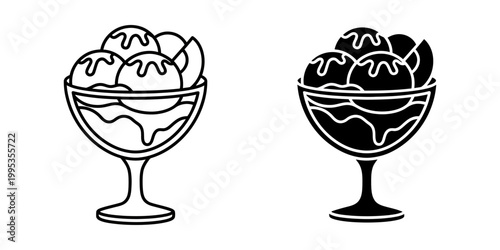 Ice cream sundae icon set, creamy dessert in glass bowl, sweet treat with sauce and fruit, isolated vector illustration.
