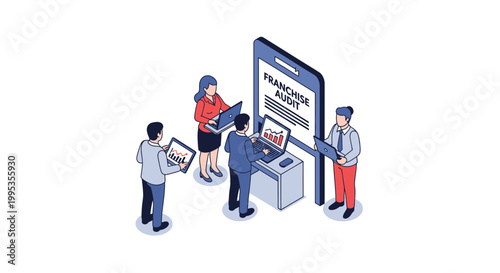 Isometric Illustration of Business Team Analyzing Franchise Report on Mobile Phone.