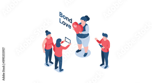 Isometric illustration of people sharing a heart, representing love and bond.