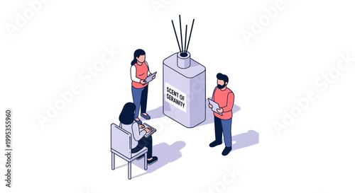 Isometric illustration of people interacting with a large aroma diffuser.