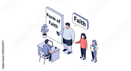 Isometric illustration of people discussing faith and its form.