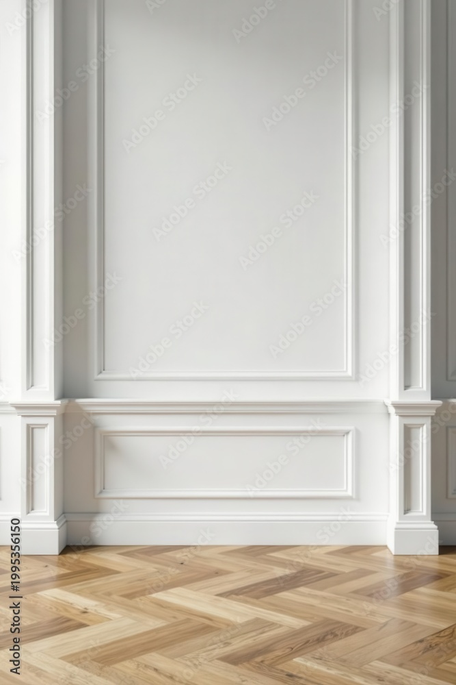 Fototapeta premium Elegant white wall panels, herringbone wood floor , photography, house