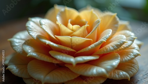 Exquisite Detailed Macro Shot of a Delicate Yellow Orange Camellia Flower with Soft Petals and Textured Edges on a