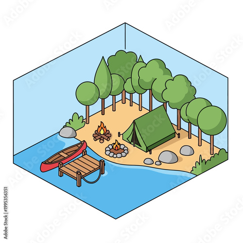 Camping Tent and Canoe on Shore.