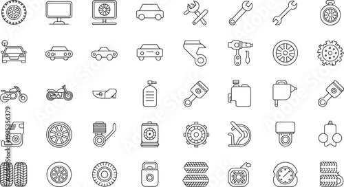 WebCollection of automotive and mechanical line icons featuring cars, motorcycles, tires, pistons, wrenches, gears, fuel containers, and gauges