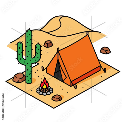 Orange tent in desert landscape scene.