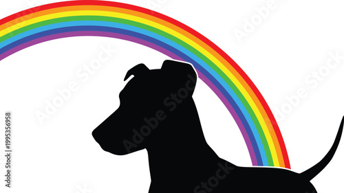 Black Dog Silhouette under Colorful Rainbow on White Background