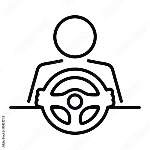 Driver icon wearing seatbelt and holding steering wheel, safe driving symbol, transportation safety concept, road safety awareness icon, vehicle operation illustration