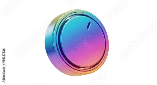 Vibrant iridescent metallic control knob with rainbow gradient on white background perfect for