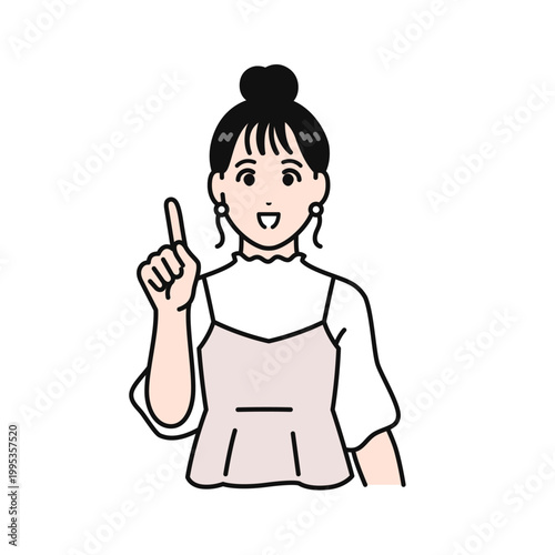 笑顔で指差しをするまとめ髪の若い女性のシンプルなベクターイラスト素材