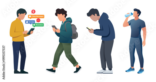 Group of People Walking and Using Mobile Phones While Drinking Water
