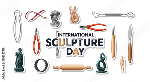 A flat lay illustration commemorating International Sculpture Day features a variety of sculpting tools and miniature classical marble statues arranged on a clean white background, rendered
