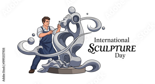On International Sculpture Day, an artist is shown chiseling an abstract sculpture, presented with a modern vector illustration style against a clean white background, promoting artistic