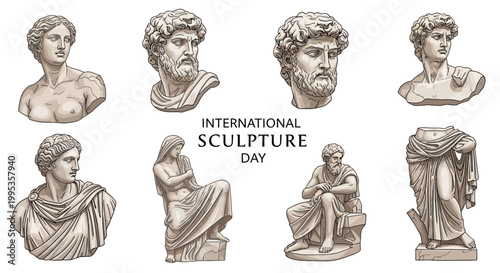 A collection of diverse classical stone sculptures are displayed against a clean background, celebrating International Sculpture Day with vector illustrations and a focus on artistic