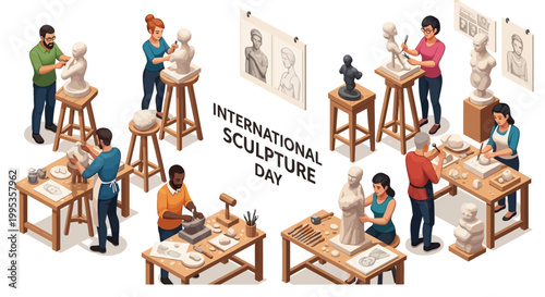 Celebrating International Sculpture Day, an isometric vector illustration showcases artists creating modern and classical sculptures in various art gallery settings, promoting artistic