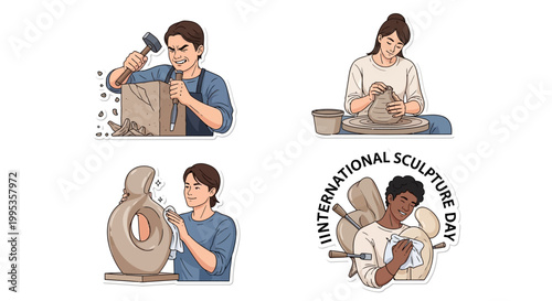 A set of International Sculpture Day illustrations showcases artists creating fine art, from carving stone with mallets to shaping clay, presented as vector art against a clean background