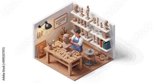 Isometric illustration depicting a sculptor in a sunlit studio, thoughtfully crafting a head sculpture on a wooden workbench filled with tools, complemented by shelves displaying finished