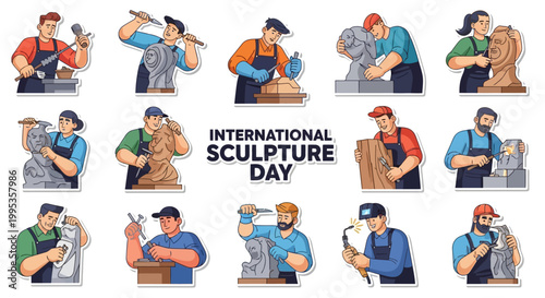 A collection of vector illustrations depicts sculptors engaged in various stages of creating art, each focused on their craft with tools in hand, set against a clean white background